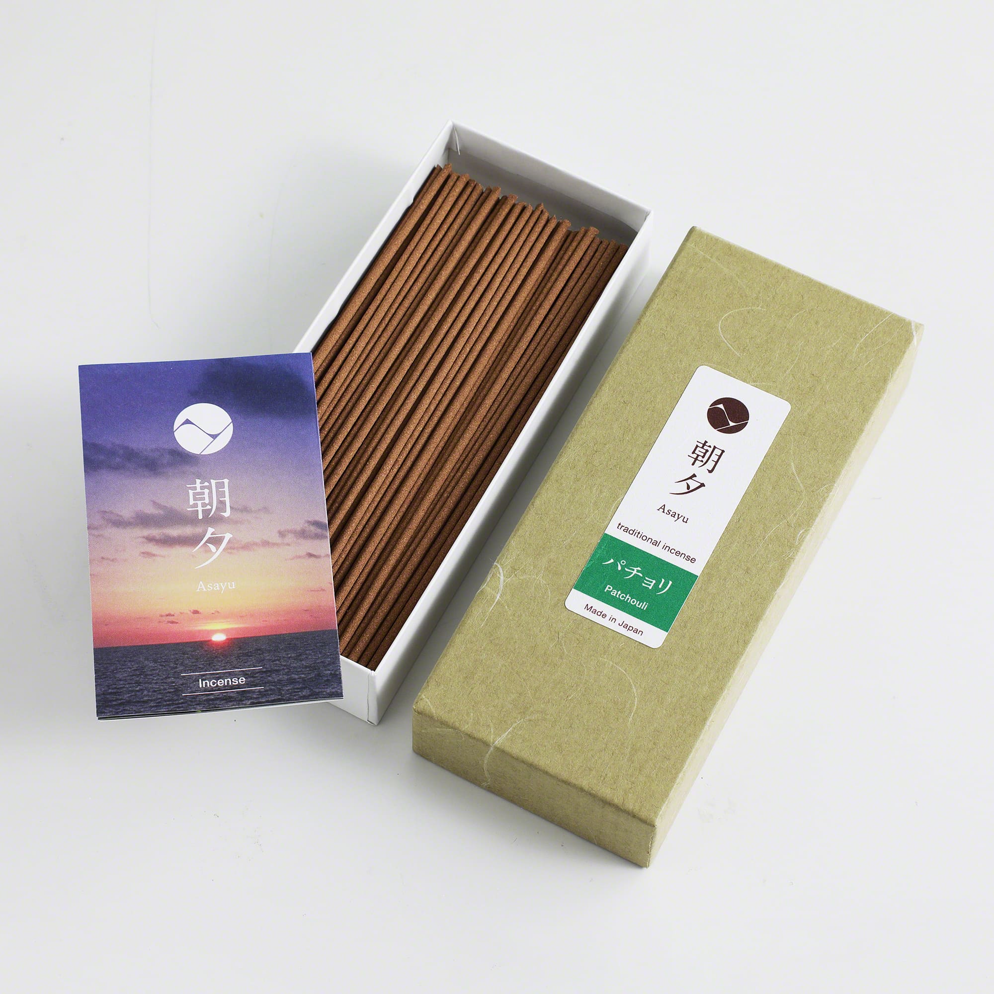 Asayu Japan Patchouli Traditional Incense Sticks box with mini catalogue