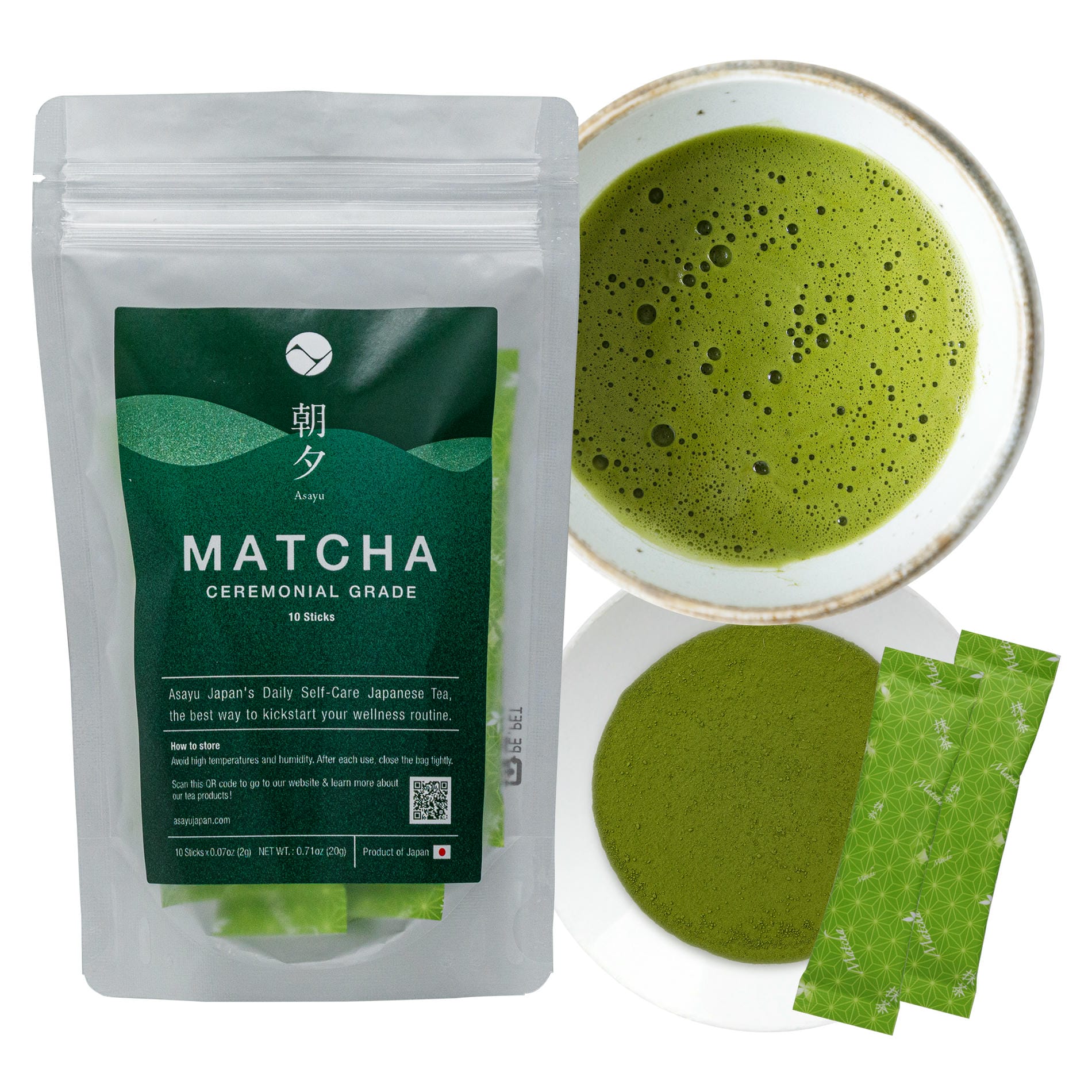 match sticks sealed pouch with matcha drink,matcha powder, and sticks