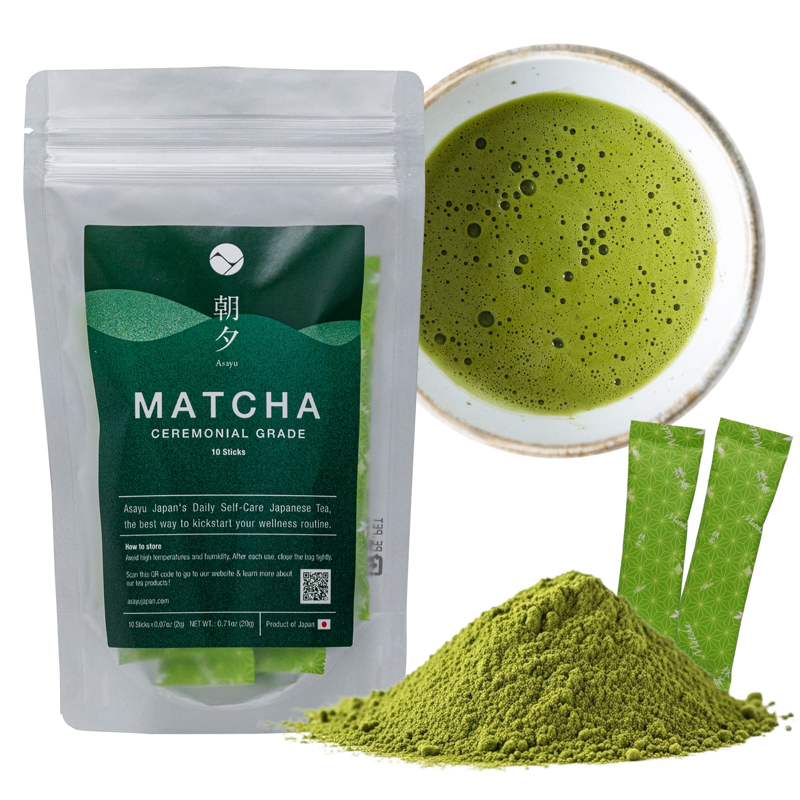 Match sticks pouch with matcha powder, stick, and drink