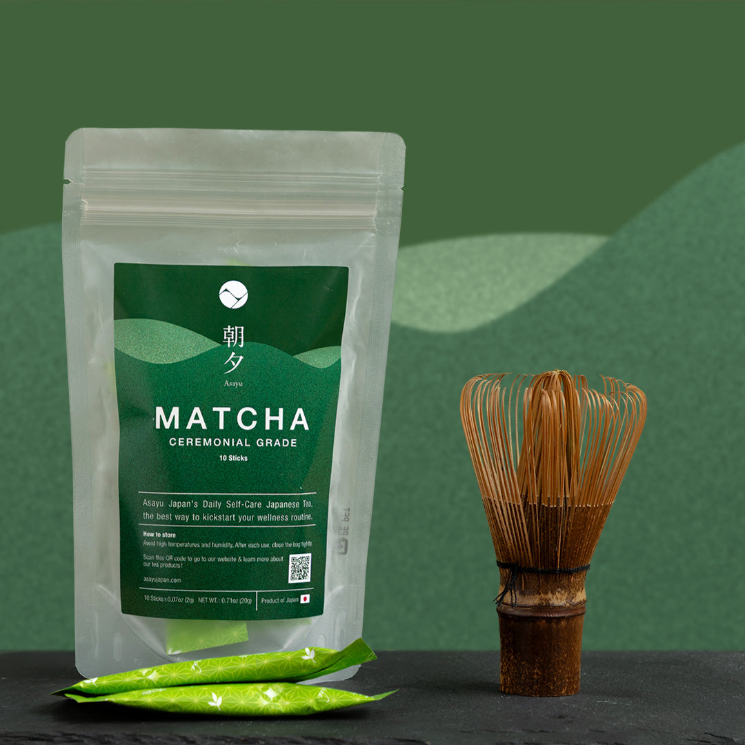 Matcha green tea package with a whisk on a green background