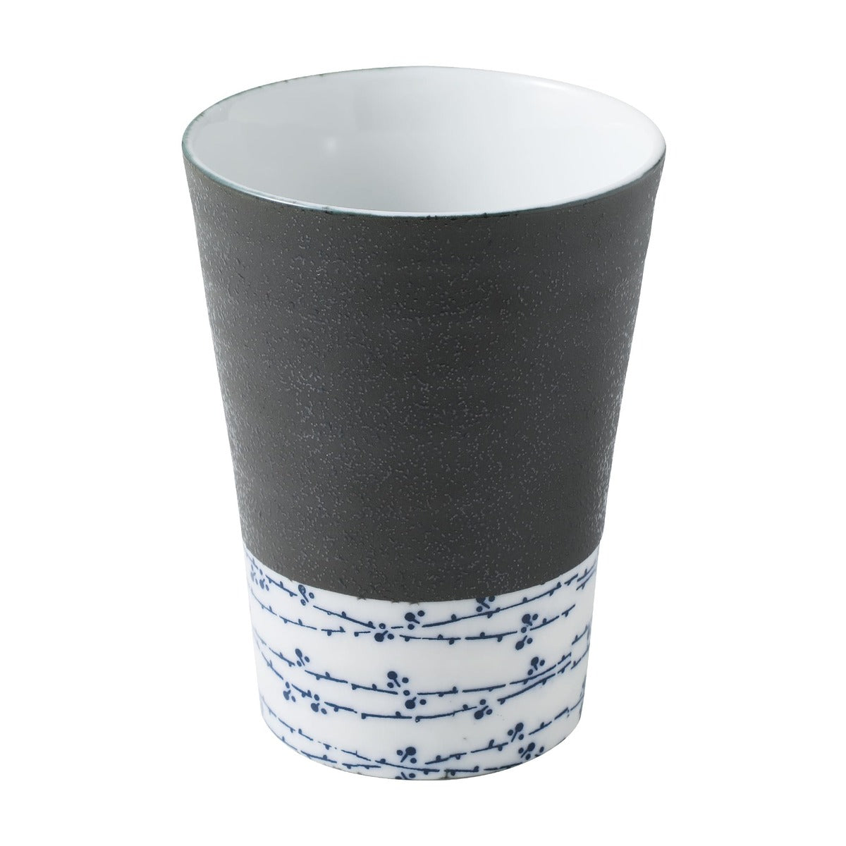 Grey and white tea cup on white background