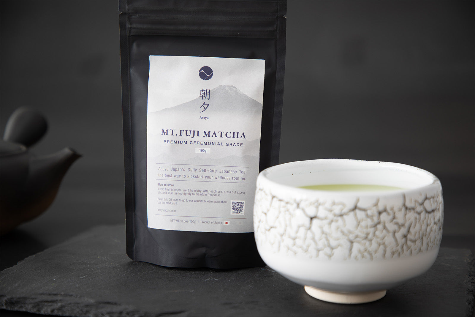 Fuji Matcha 100g pouch and matcha bowl