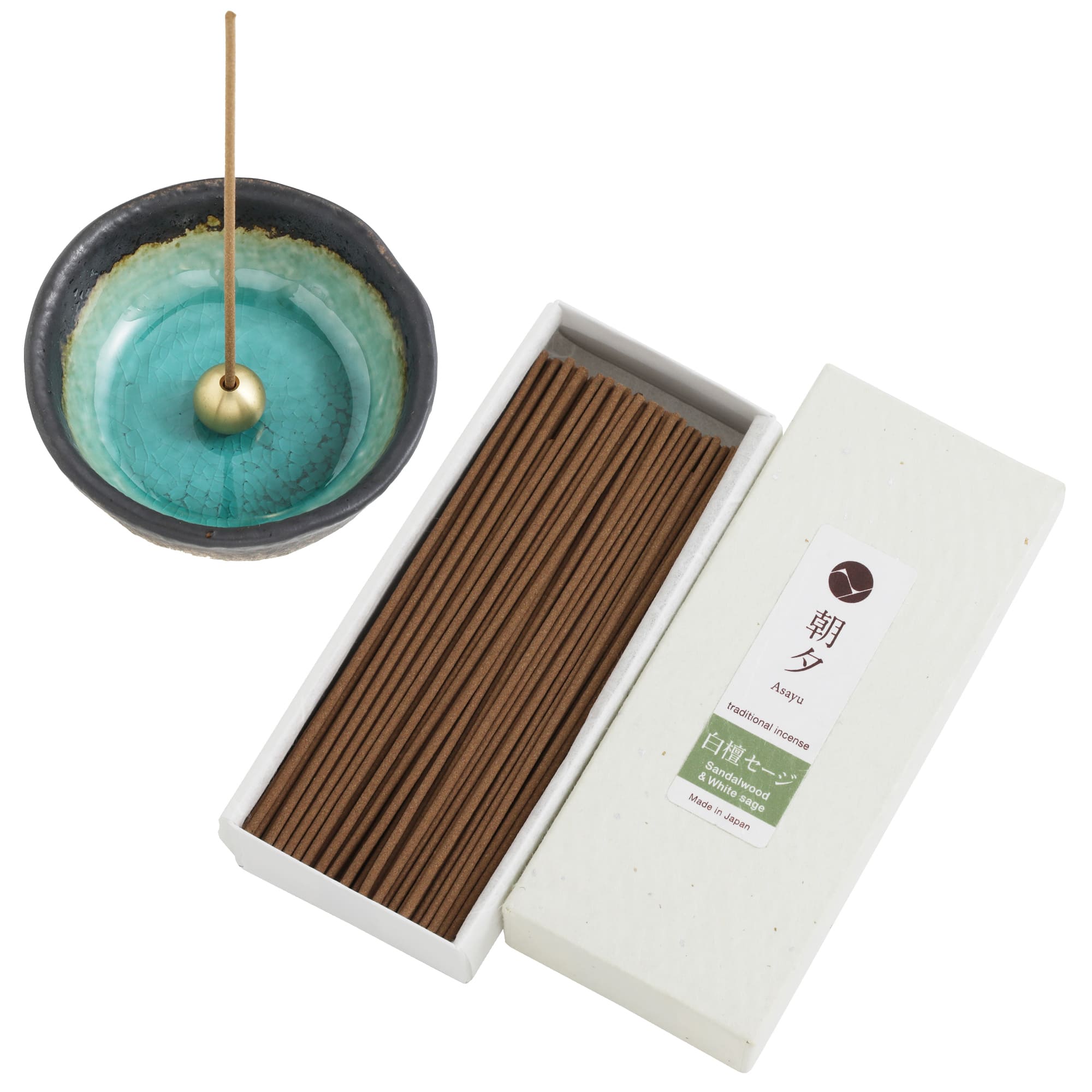 incense holder with box of incense sandalwood and white sage blend sticks