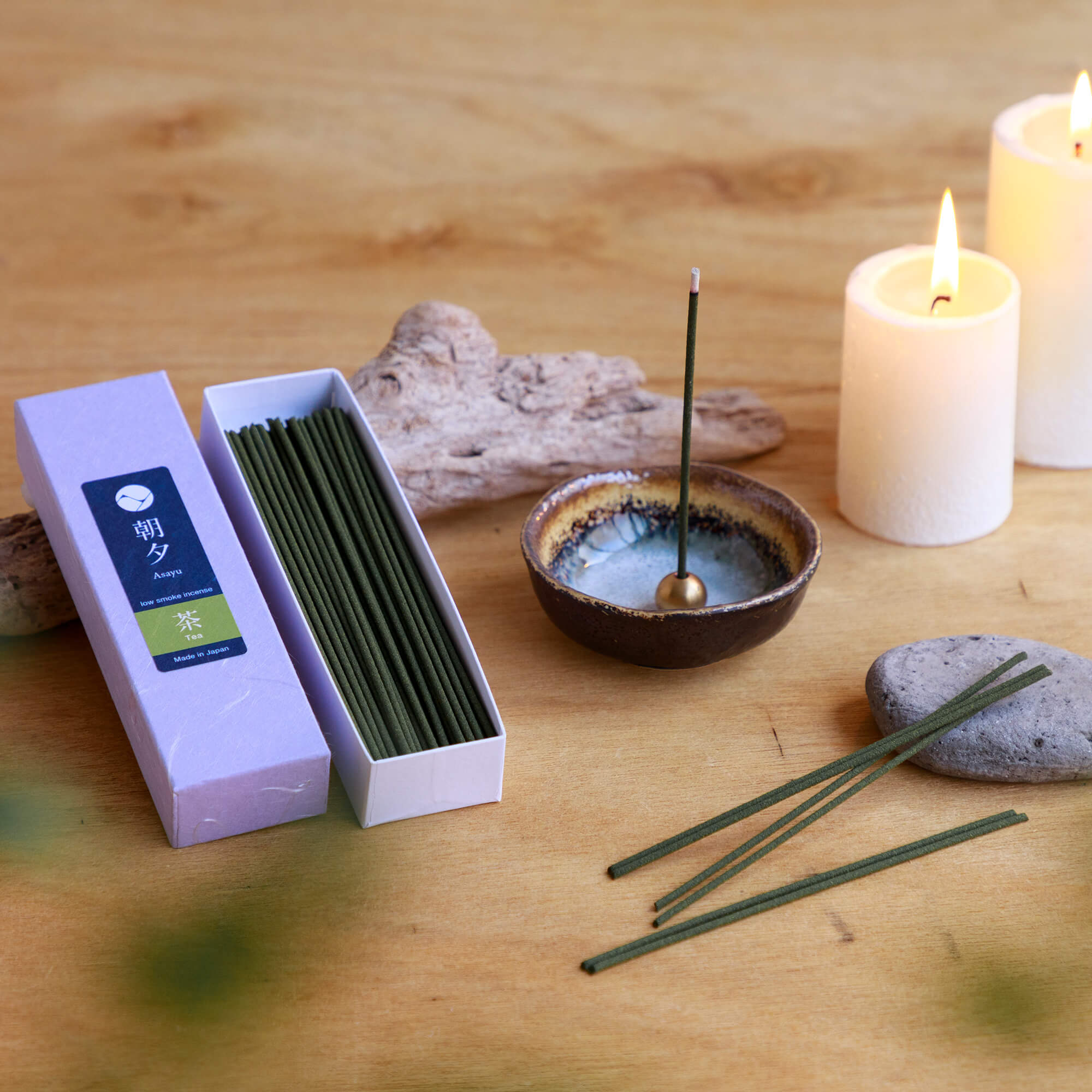 Green Incense box with ceramic incense holder and candles