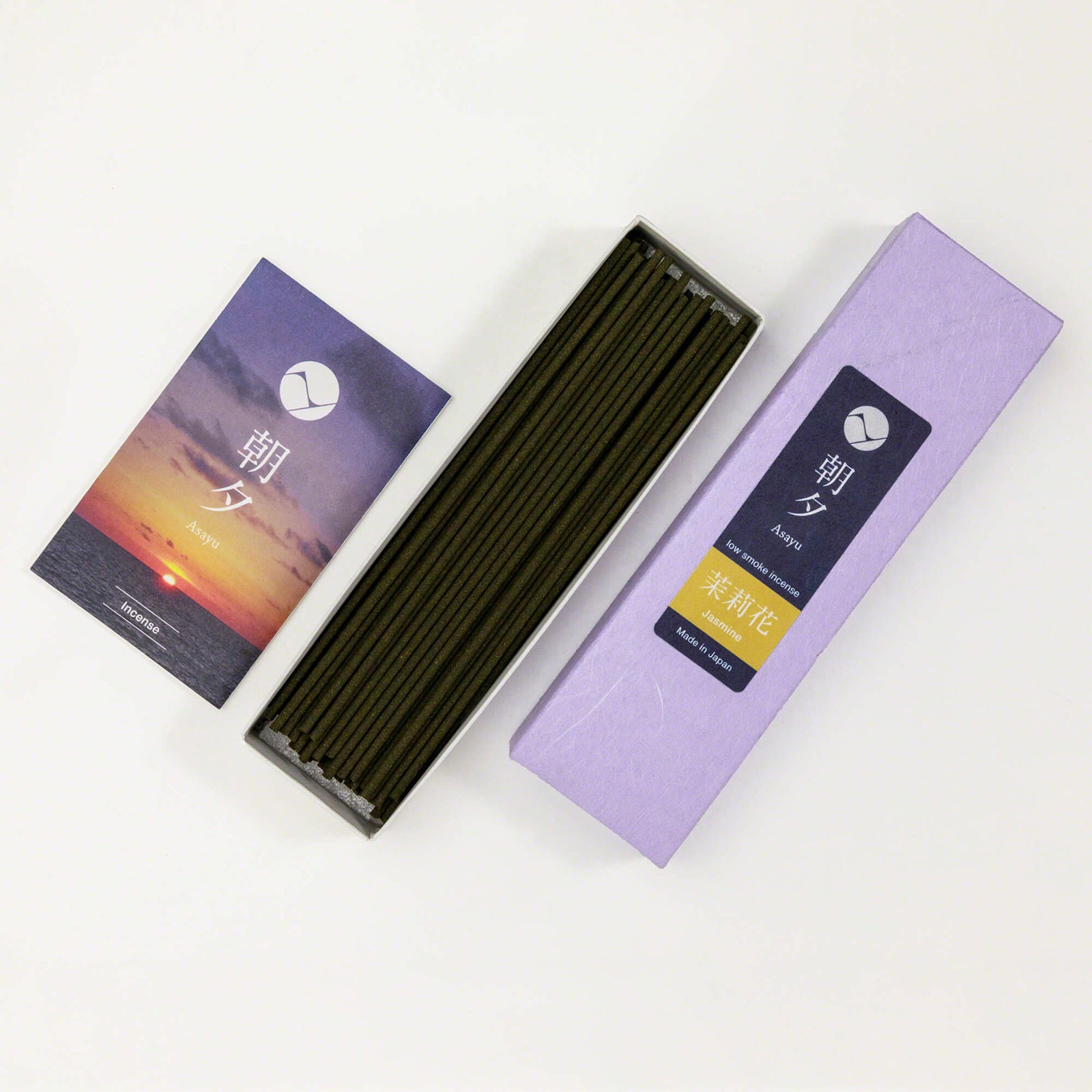 20g Box of jasmine incense sticks opened in display next to asayu catalog
