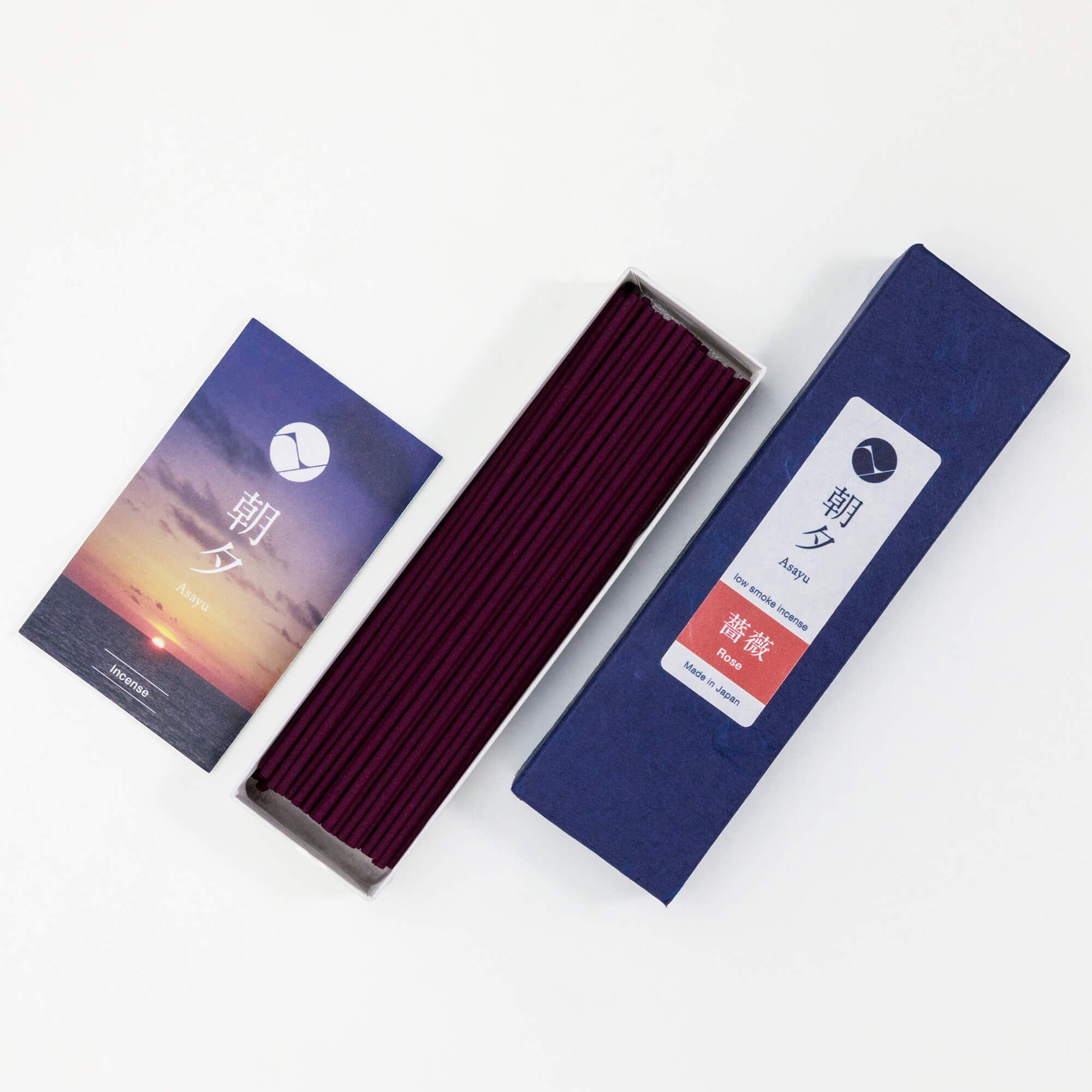 20g Box of rose incense sticks opened in display with asayu catalog