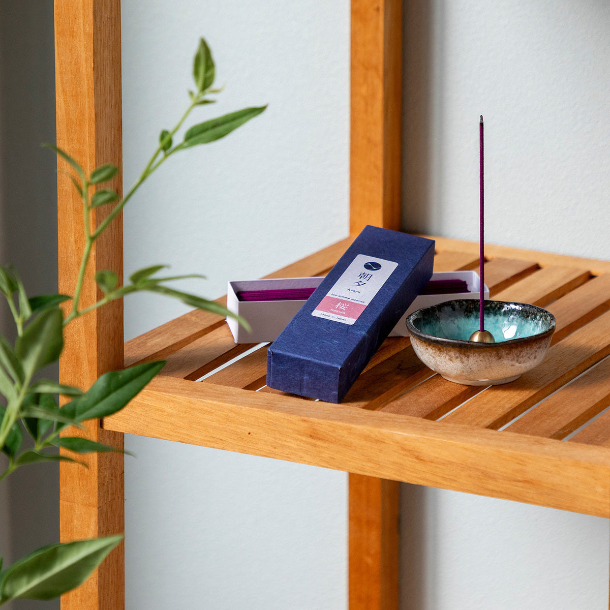sakura incense box with incense holder on shelf
