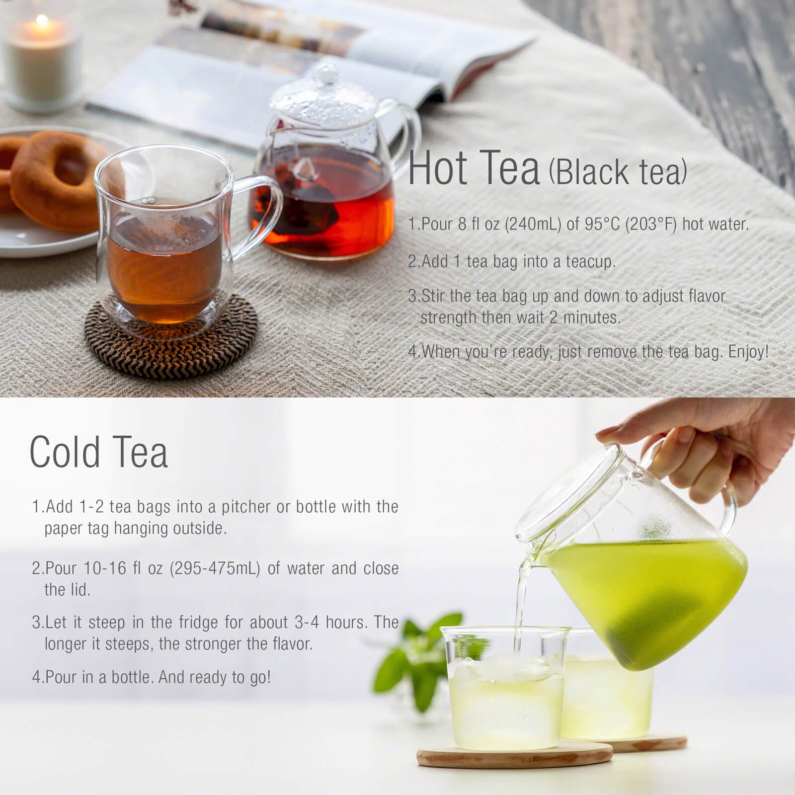 Hot and cold brewing instructions for black tea and gyokuro & Genmaicha tea