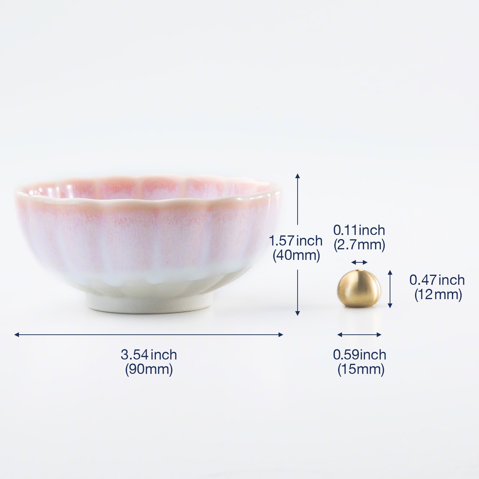 Asayu Japan cherry blossom pink mini lotus ceramic incense plate with included brass incense burner stand next to it from the side with measurements.