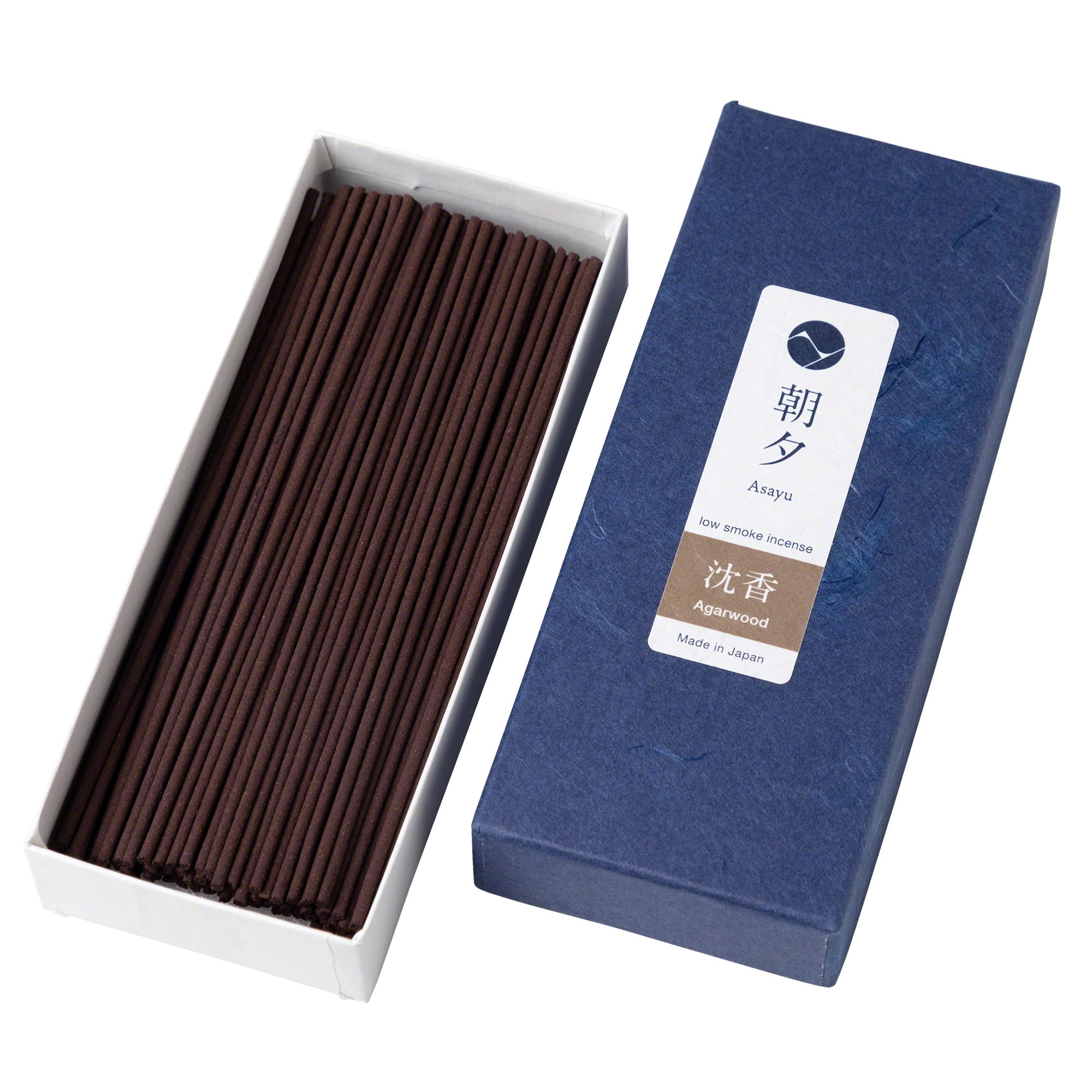 Agarwood Low Smoke Incense Sticks by Asayu Japan in an open box
