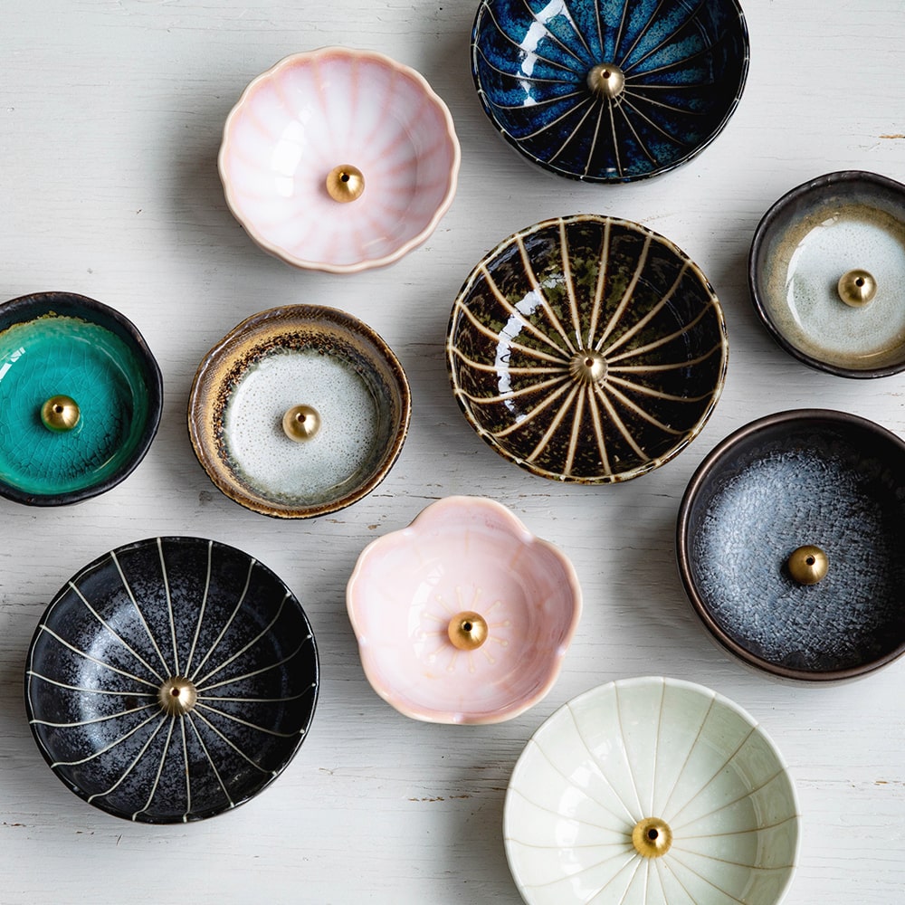 Arrangement of Asayu Japan Incense Hodler Colelction with the Cherry Blossom Mini Lotus Flower in center seen from the top.