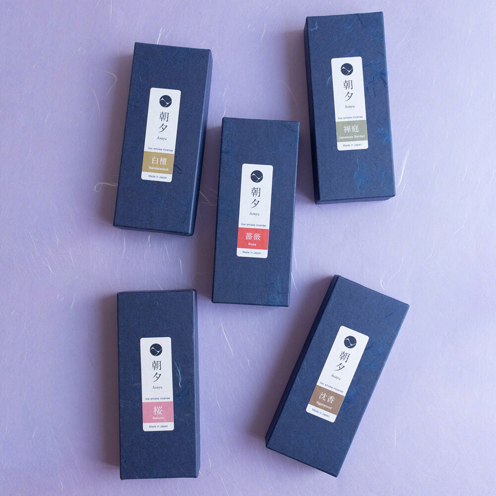 Collection of 5 Evening Low Smoke Incense Sticks boxes by Asayu Japan: Sandalwood, Japaneze Zen Garden, Rose, Sakura Cherry Blossom and Agarwood
