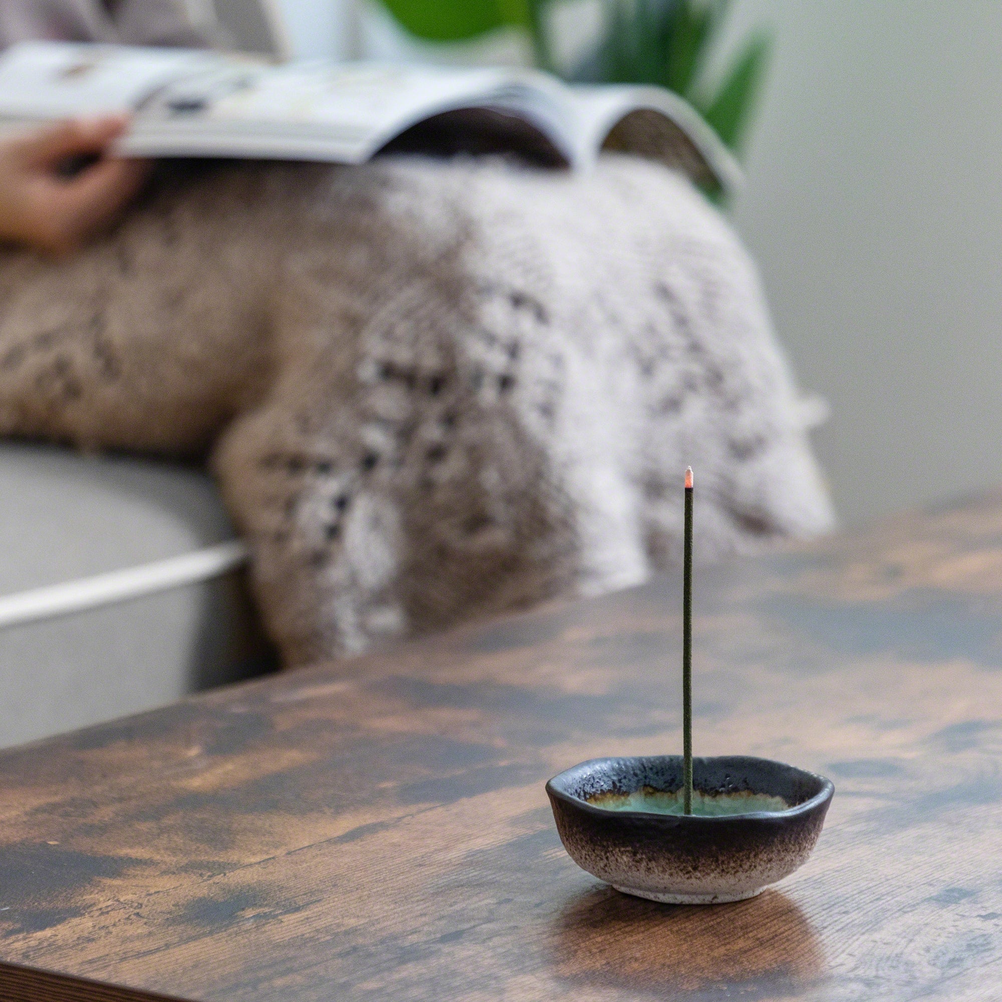 Small Mini Nature Aquamarine Incense Holder Stand on a wood table