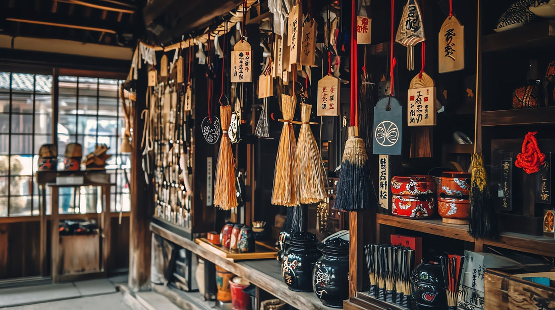 Traditional Japanese ema wooden plaques displayed in a serene shop during a cultural festival 
