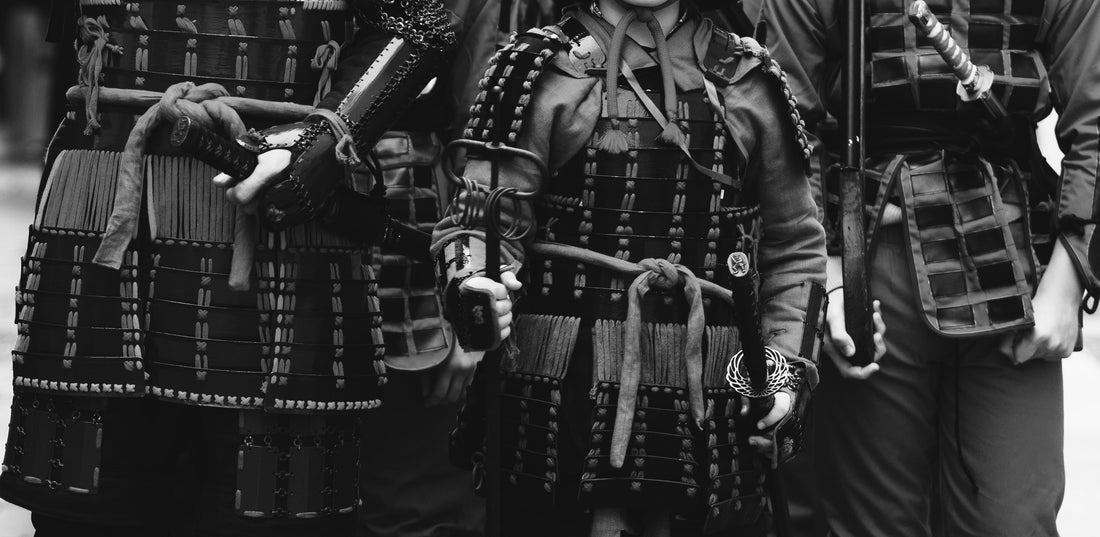 samurai group in black and white, zoom on their armor