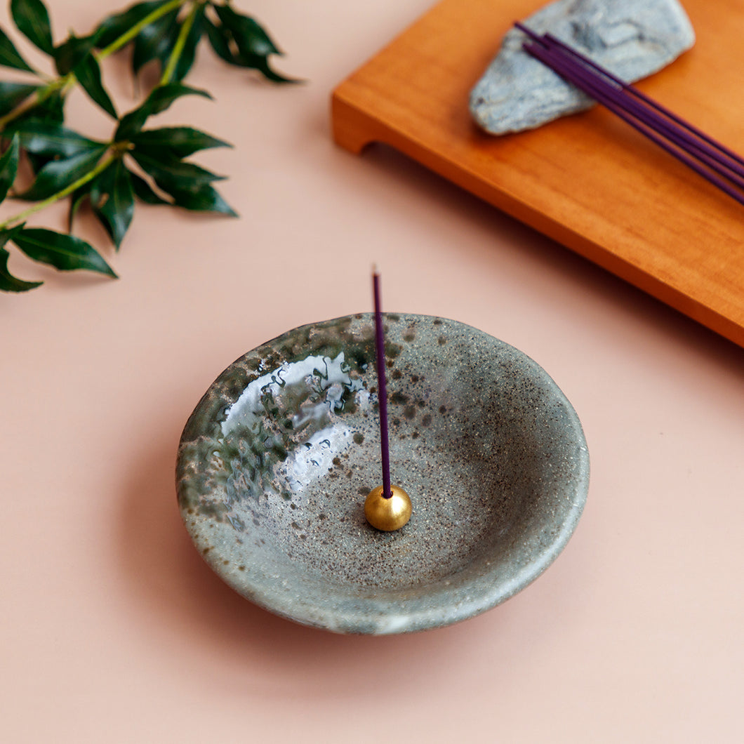Tradtional Ceramic Insence Holder Plate and Brass Incense Burner Set - Green