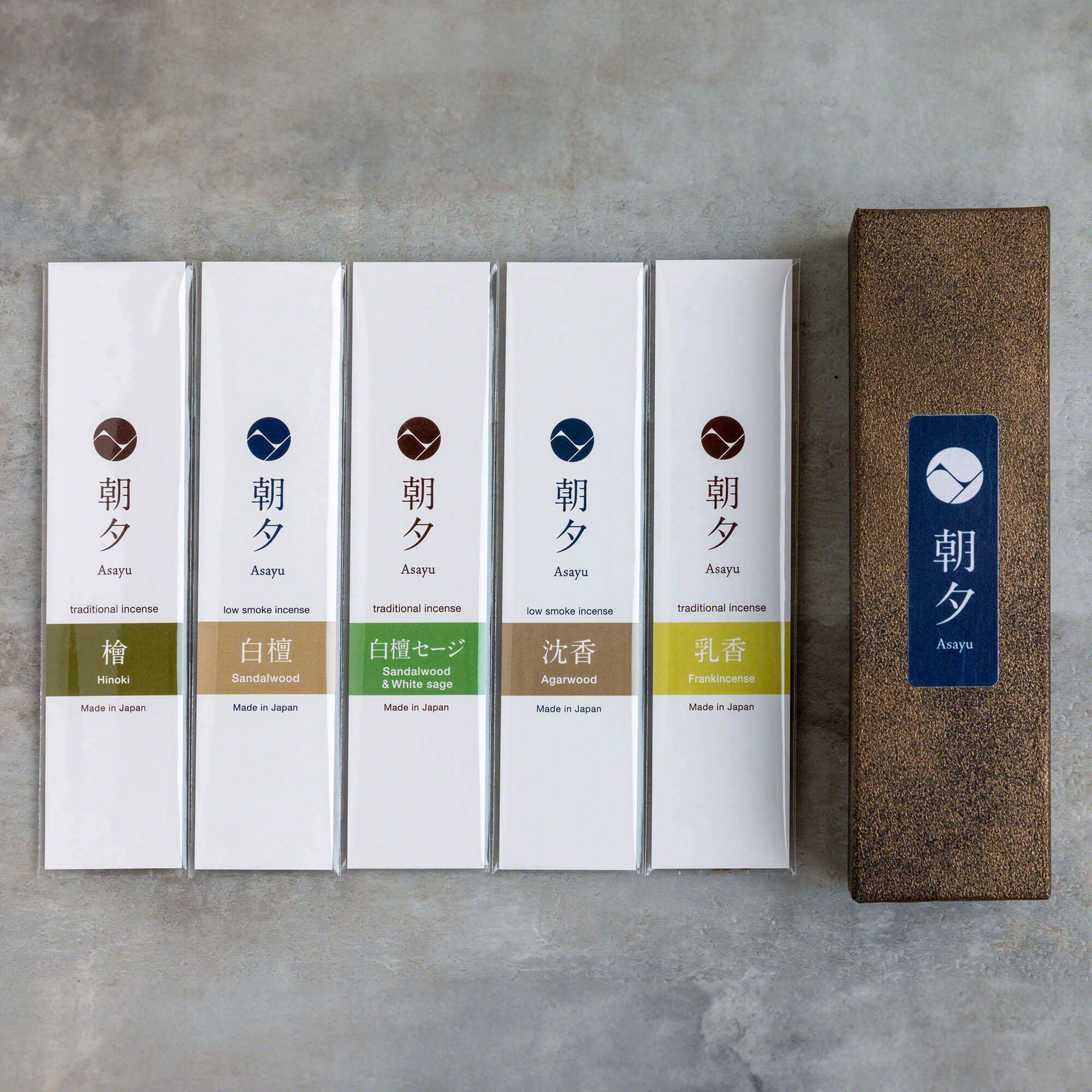 [ Free Shipping in continental US, CANADA, and UK ] Asayu Japan 100% Natural Incense Stick Assortment, Set of 5 Scents | 100% Made in Japan Incense Sampling Variety Pack | Sandalwood, Agarwood, Cypress, White Sage and Frankincense