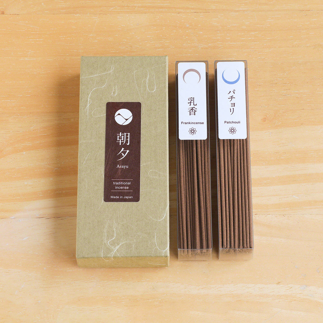 [ Free Shipping all over the US &CA & UK ] Discover tranquility with Asayu Japan's Traditional Incense Sticks. Elevate your mornings with frankincense and energize your evenings with patchouli. Made in Japan with natural materials, our incense offers a refreshing start and a relaxing finish to your day. Experience the authentic Japanese Zen way of self-care.