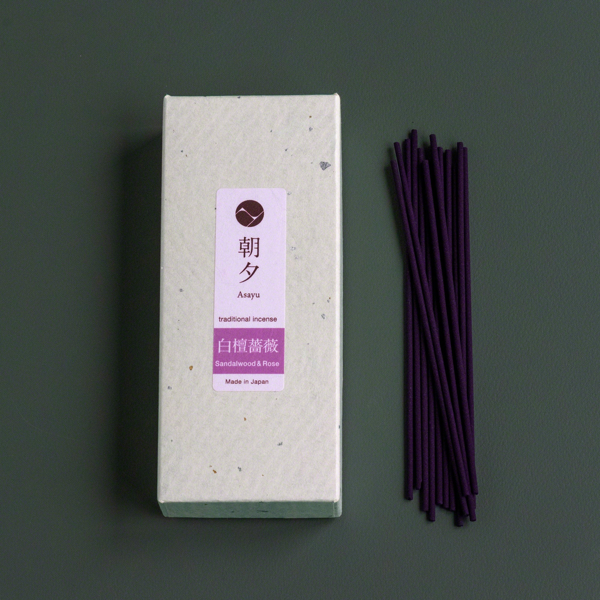 Box of Asayu Japan Sandalwood and Rose blend Traditional Smoke incense with sticks outside