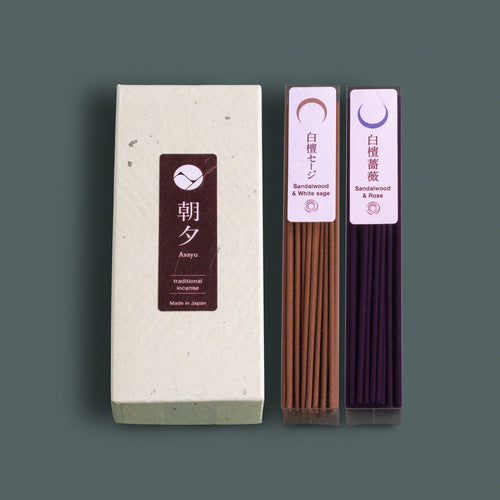[ Free Shipping all over the US &CA & UK ] Asayu Japan Traditional Incense Sticks 40g. Elevate your mornings with sandalwood and white sage, and unwind in the evenings with sandalwood and rose. Asayu Japan's Traditional Incense Sticks offer two fragrances for different moods. Embrace the authentic Japanese Zen experience for self-care.