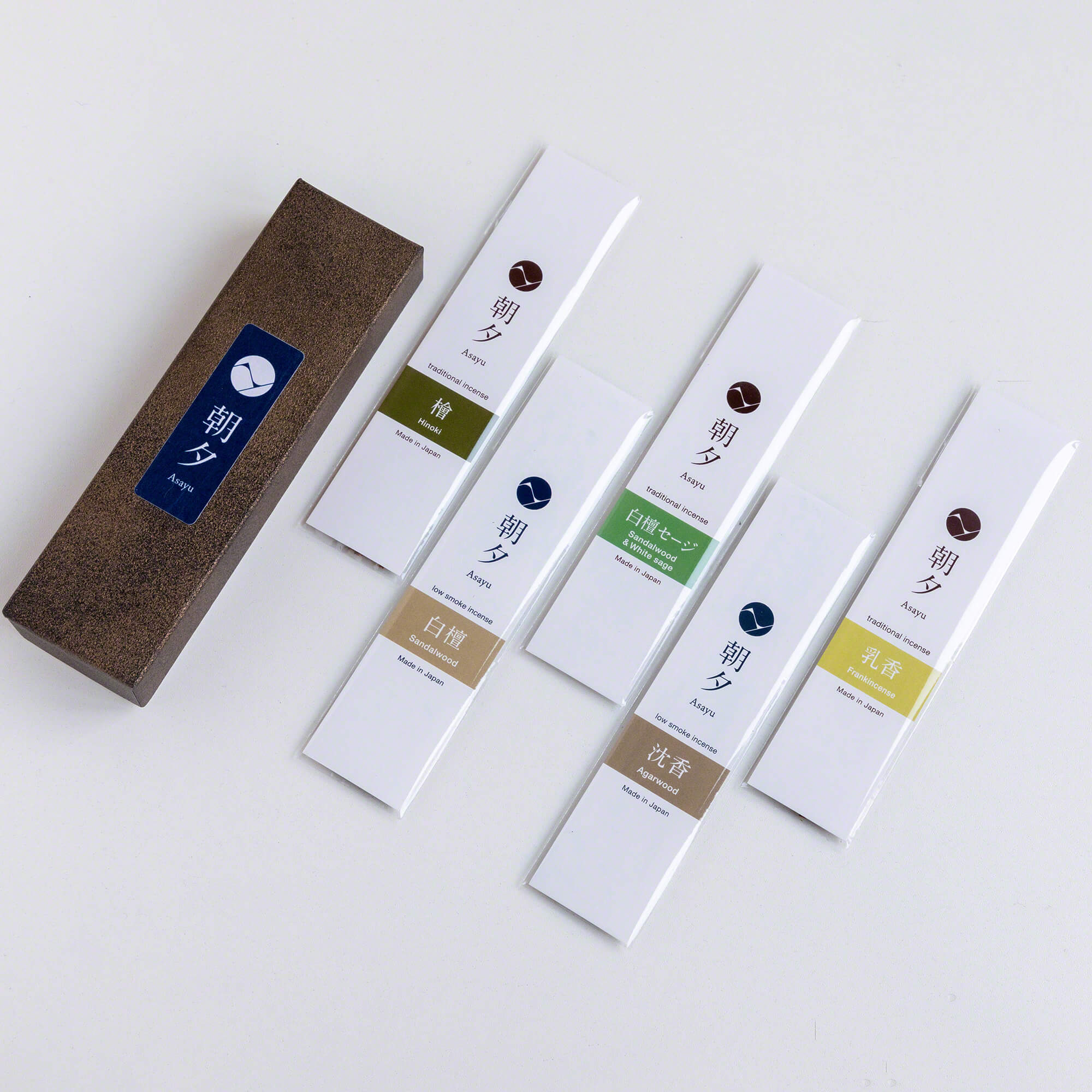 [ Free Shipping in continental US, CANADA, and UK ] Asayu Japan 100% Natural Incense Stick Assortment, Set of 5 Scents | 100% Made in Japan Incense Sampling Variety Pack | Sandalwood, Agarwood, Cypress, White Sage and Frankincense