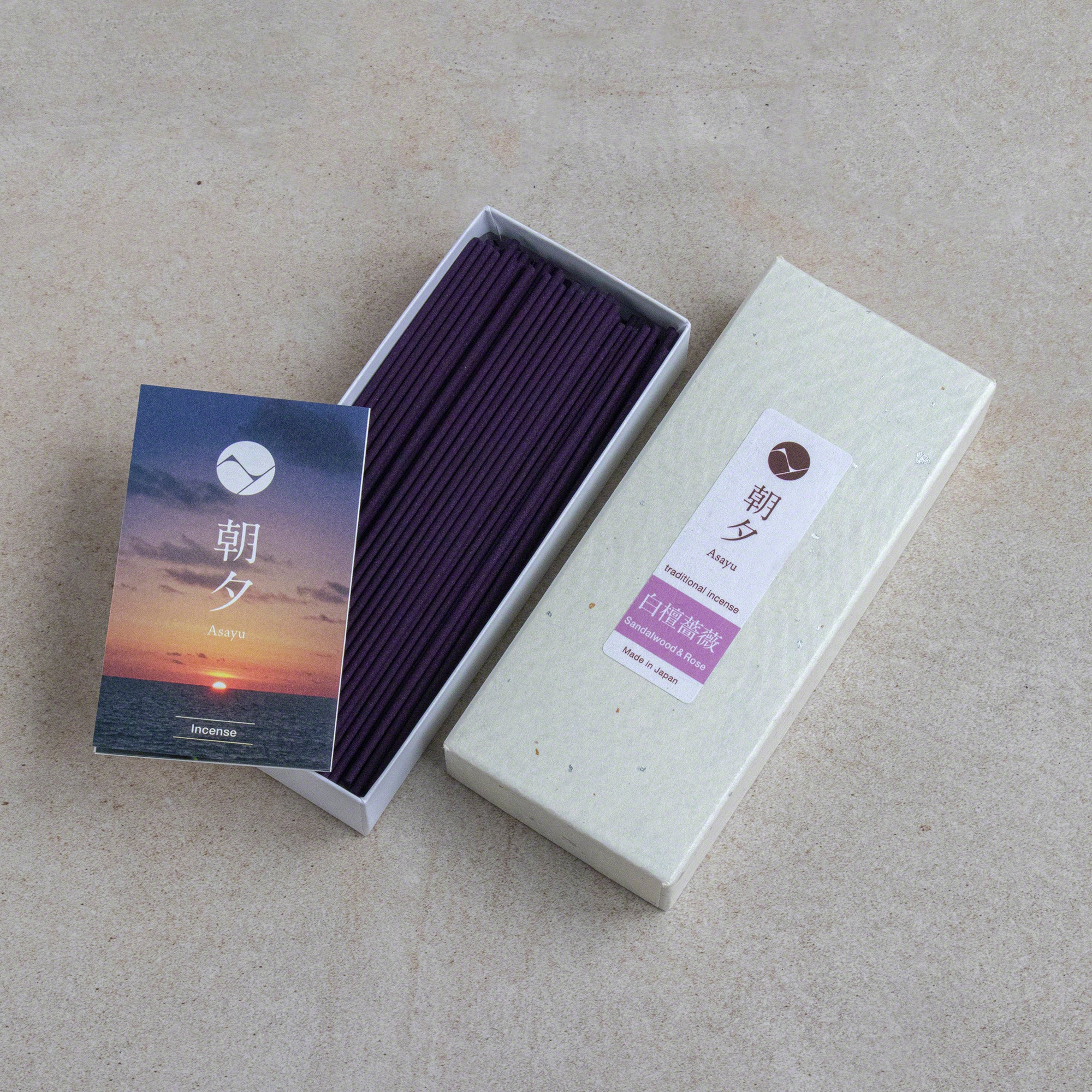 Asayu Japan Sandalwood and Rose Traditional Incense Sticks box with mini catalogue