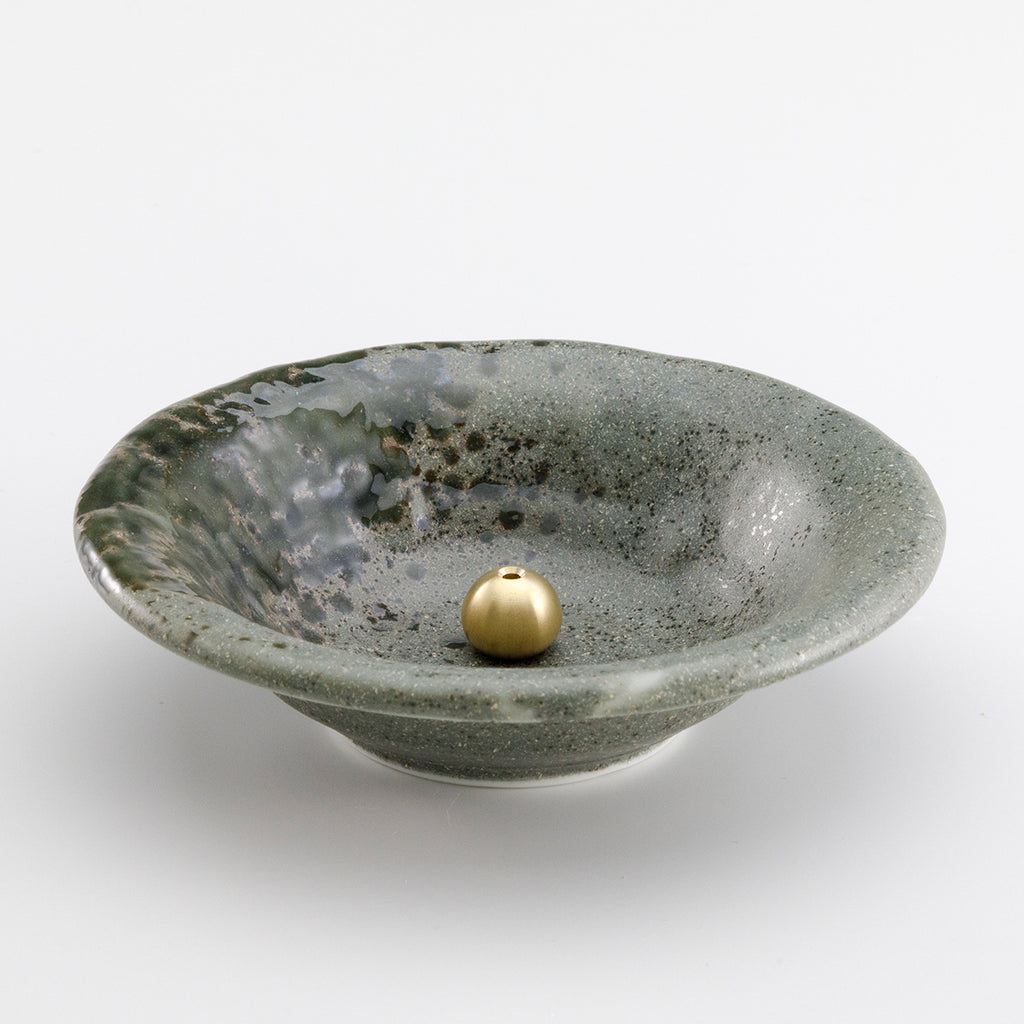 Tradtional Ceramic Insence Holder Plate and Brass Incense Burner Set - Green