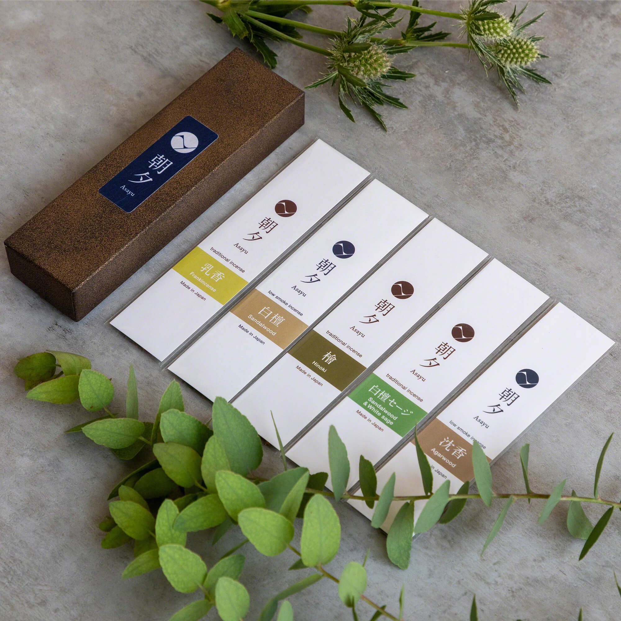 [ Free Shipping in continental US, CANADA, and UK ] Asayu Japan 100% Natural Incense Stick Assortment, Set of 5 Scents | 100% Made in Japan Incense Sampling Variety Pack | Sandalwood, Agarwood, Cypress, White Sage and Frankincense