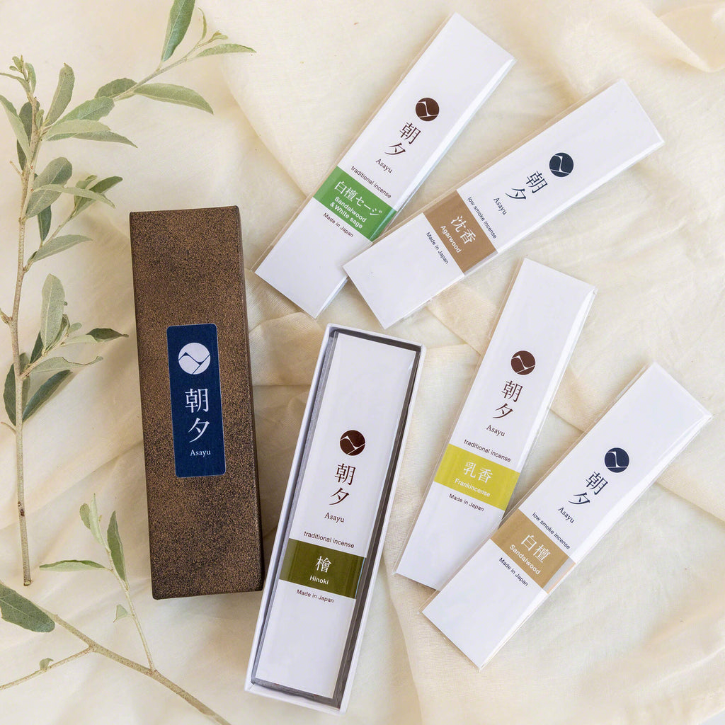 [ Free Shipping in continental US, CANADA, and UK ] Asayu Japan 100% Natural Incense Stick Assortment, Set of 5 Scents | 100% Made in Japan Incense Sampling Variety Pack | Sandalwood, Agarwood, Cypress, White Sage and Frankincense