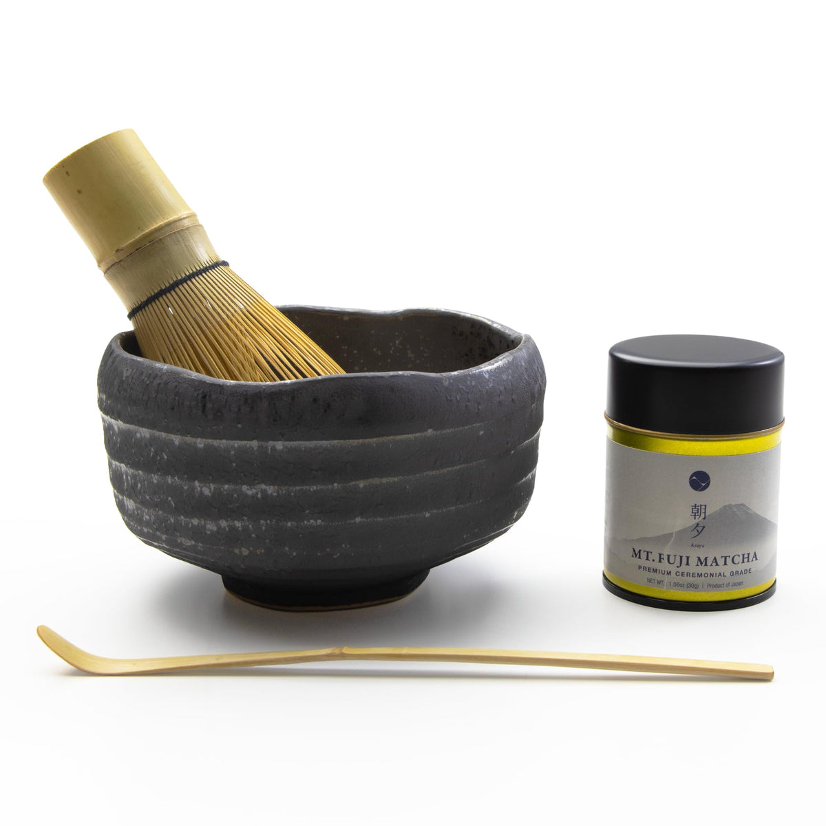 Matcha Ceremony Set 4 Pieces – Crystal Glaze Mino Ware Bowl, Bamboo Whisk & Scoop, Mt. Fuji Matcha 30g
