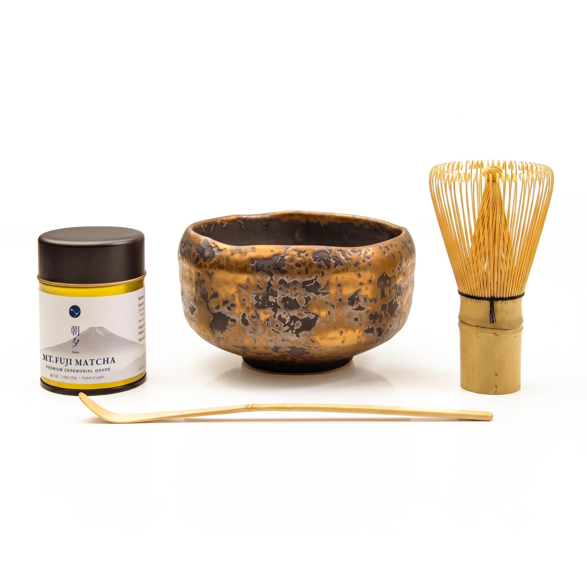 Matcha Ceremony Set 4 Pieces – Gold Tataki Mino Ware Bowl, Bamboo Whisk & Scoop, Mt. Fuji Matcha 30g