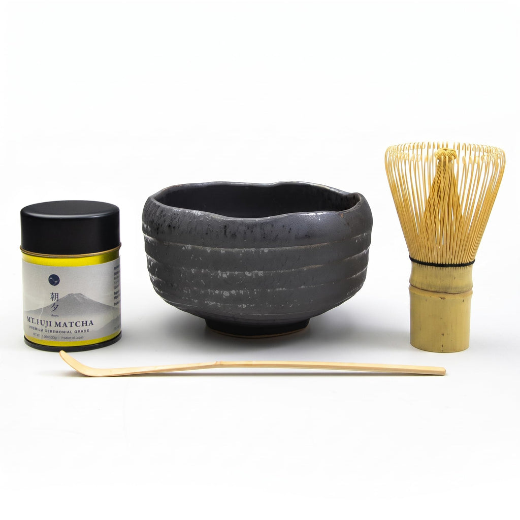 Matcha Ceremony Set 4 Pieces – Crystal Glaze Mino Ware Bowl, Bamboo Whisk & Scoop, Mt. Fuji Matcha 30g