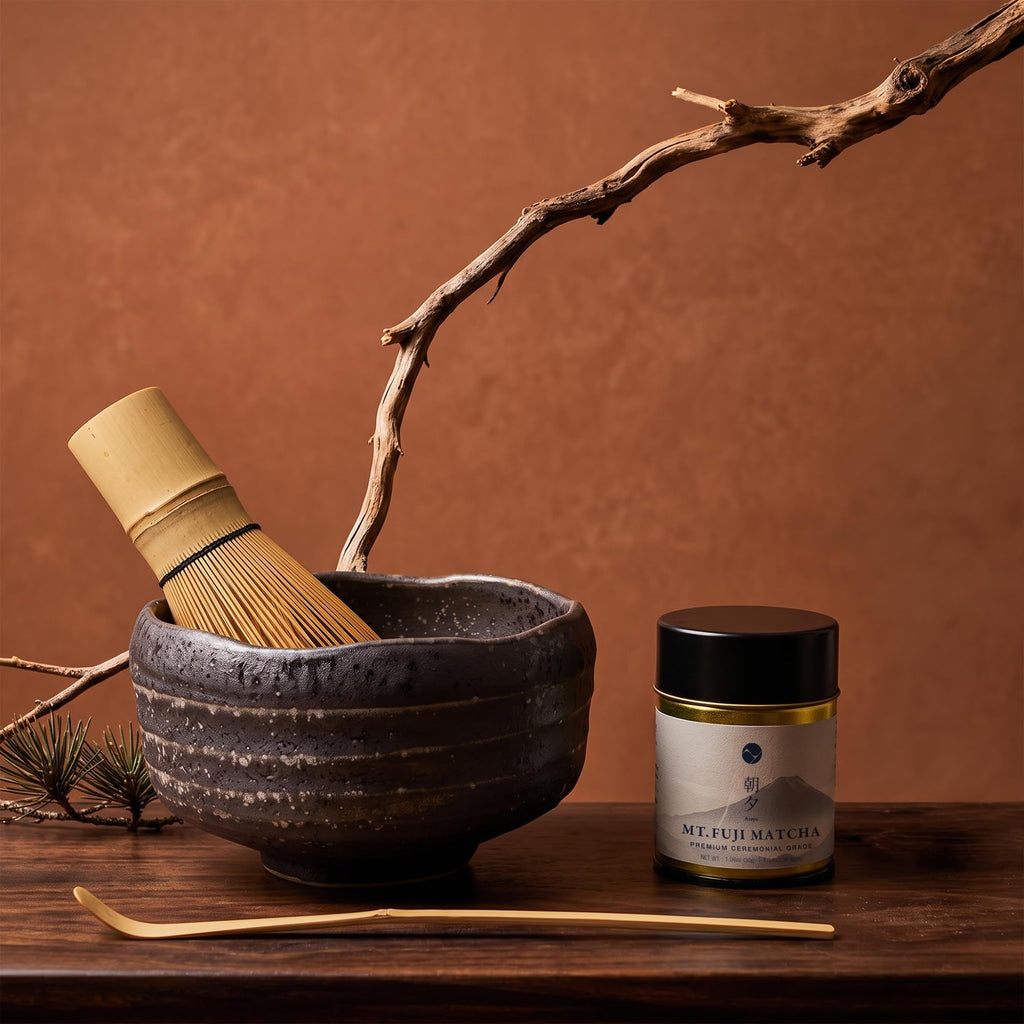 Matcha Ceremony Set 4 Pieces – Crystal Glaze Mino Ware Bowl, Bamboo Whisk & Scoop, Mt. Fuji Matcha 30g