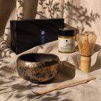 Matcha Ceremony Set 4 Pieces – Gold Tataki Mino Ware Bowl, Bamboo Whisk & Scoop, Mt. Fuji Matcha 30g