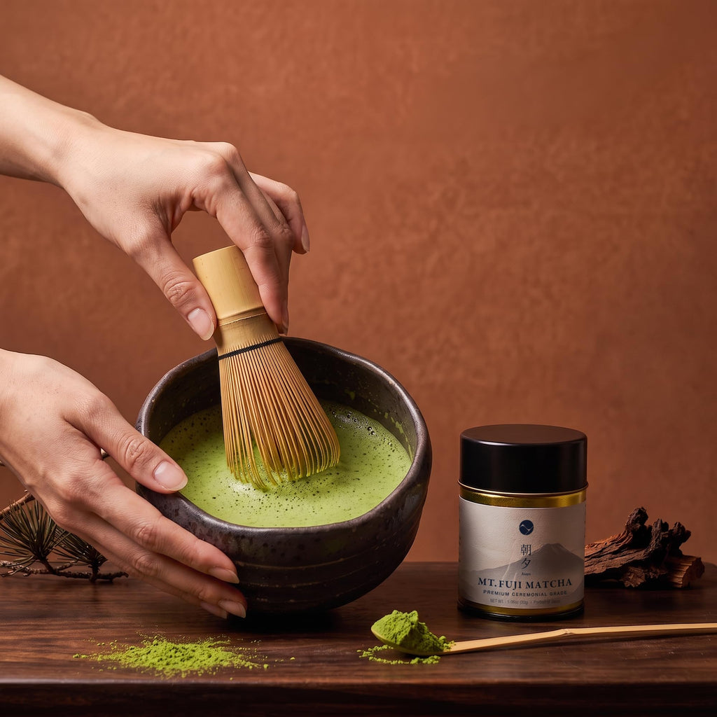 Matcha Ceremony Set 4 Pieces – Crystal Glaze Mino Ware Bowl, Bamboo Whisk & Scoop, Mt. Fuji Matcha 30g