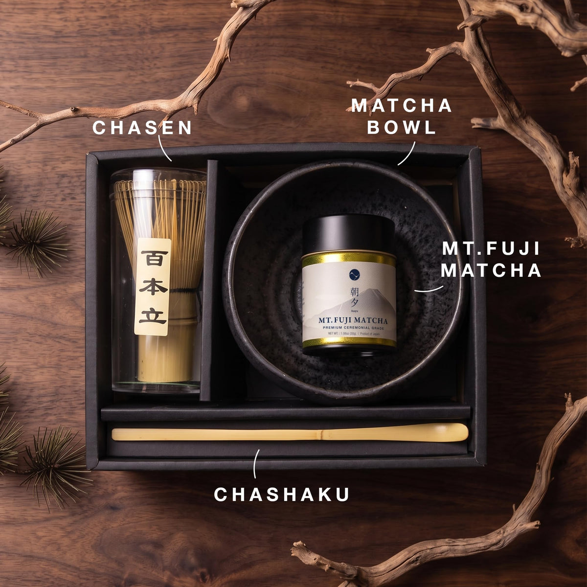 Matcha Ceremony Set 4 Pieces – Crystal Glaze Mino Ware Bowl, Bamboo Whisk & Scoop, Mt. Fuji Matcha 30g