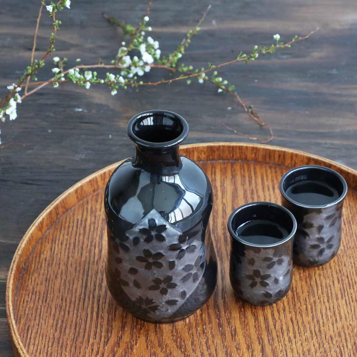 Japanese Sake Set Black Ceramic Tokkuri & Cups Sakura Nights