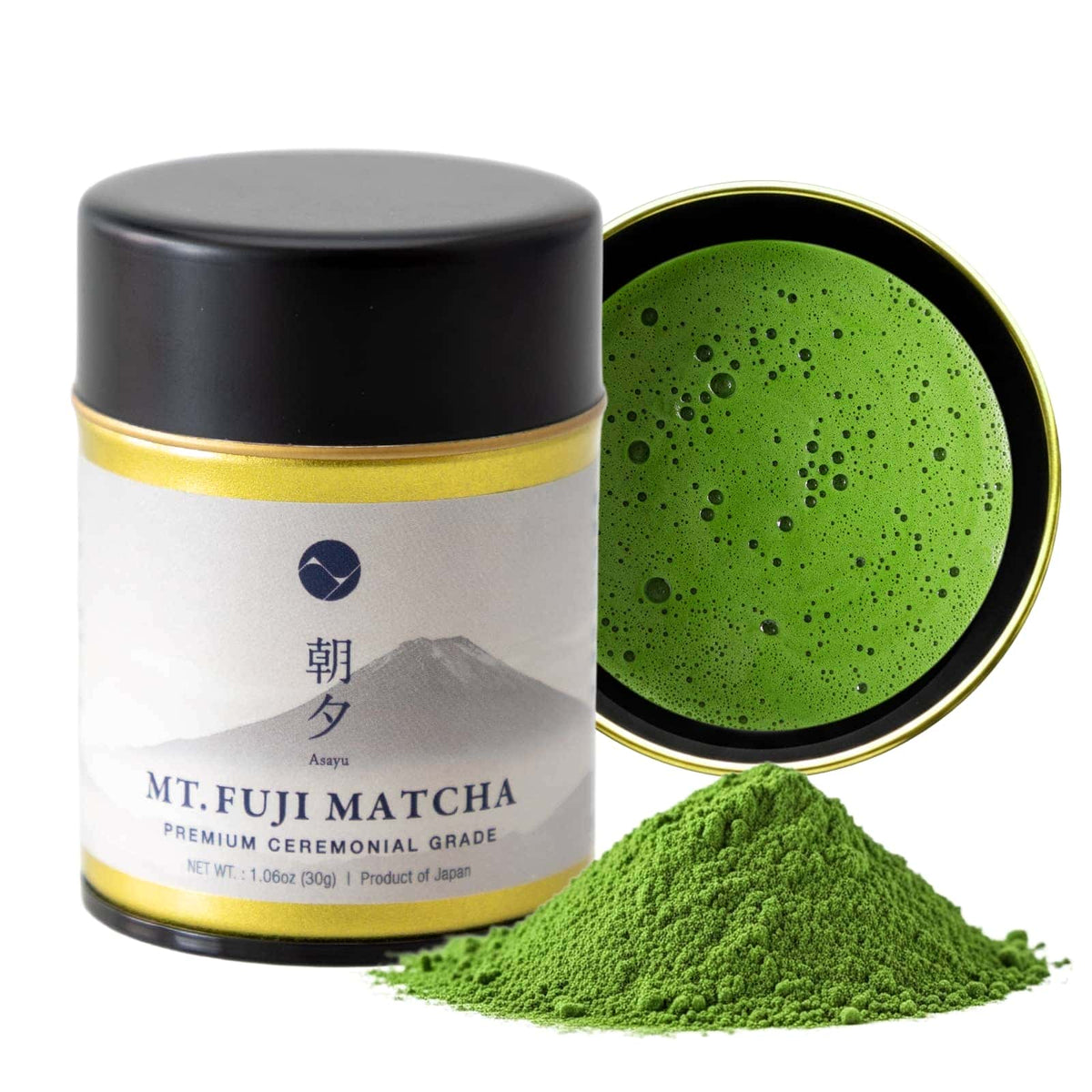 Mt. Fuji Matcha container with matcha powder and a bowl of matcha on a white background