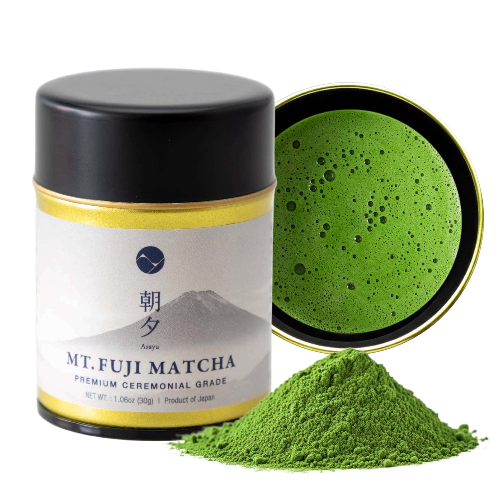 Mt. Fuji Matcha container with matcha powder and a bowl of matcha on a white background