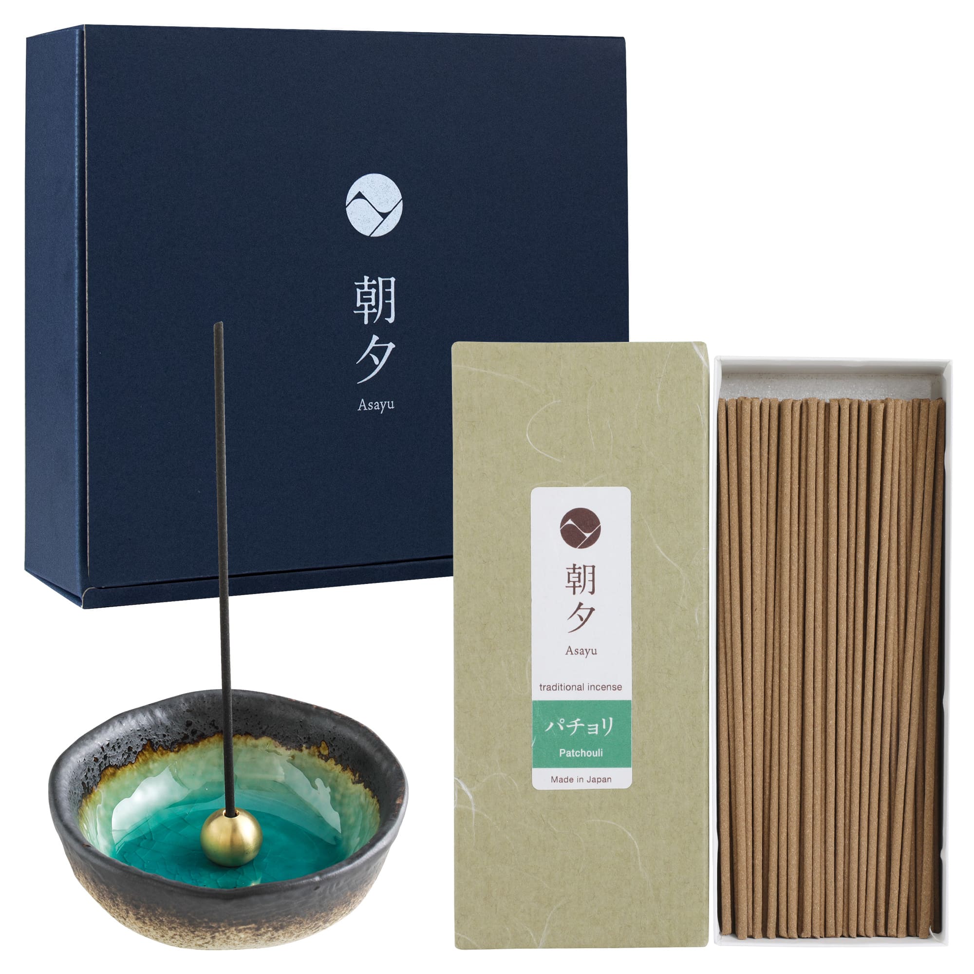 Gift set box with patchouli incense and aquamarine holder