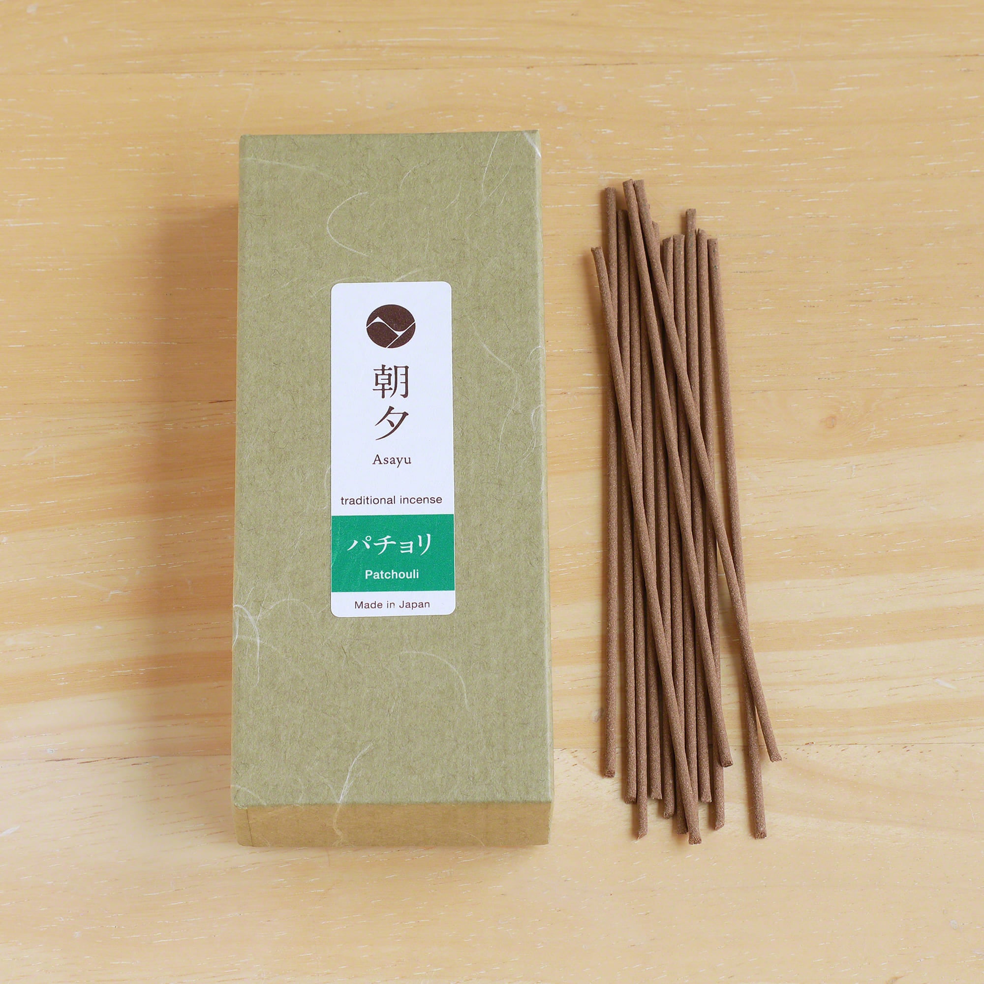 Box of Asayu Japan Patchouli Traditional Smoke incense with sticks outside