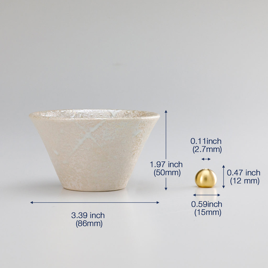 Cone shaped white incense holder with dimension data