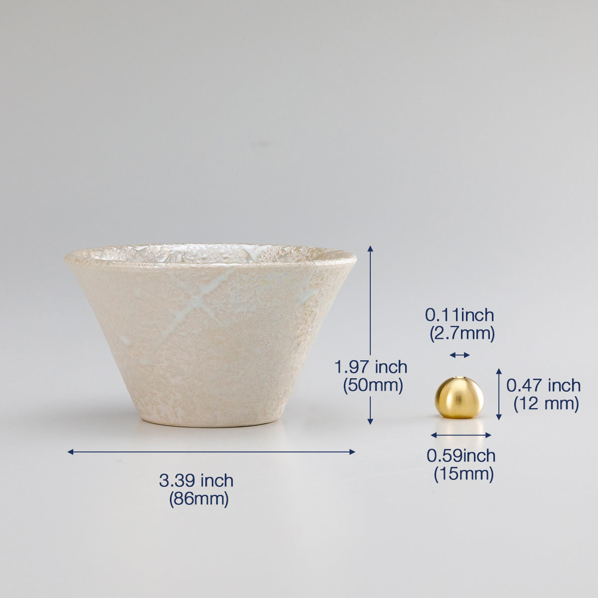 Cone shaped white incense holder with dimension data