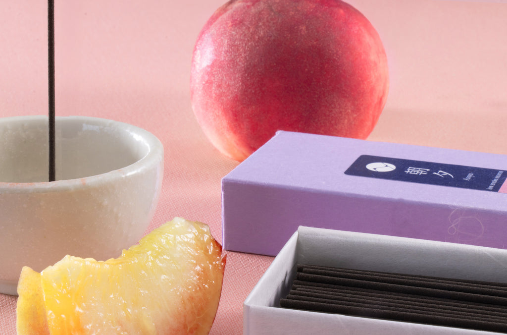 Peach incense sticks box 40g with incense holder and sliced peach