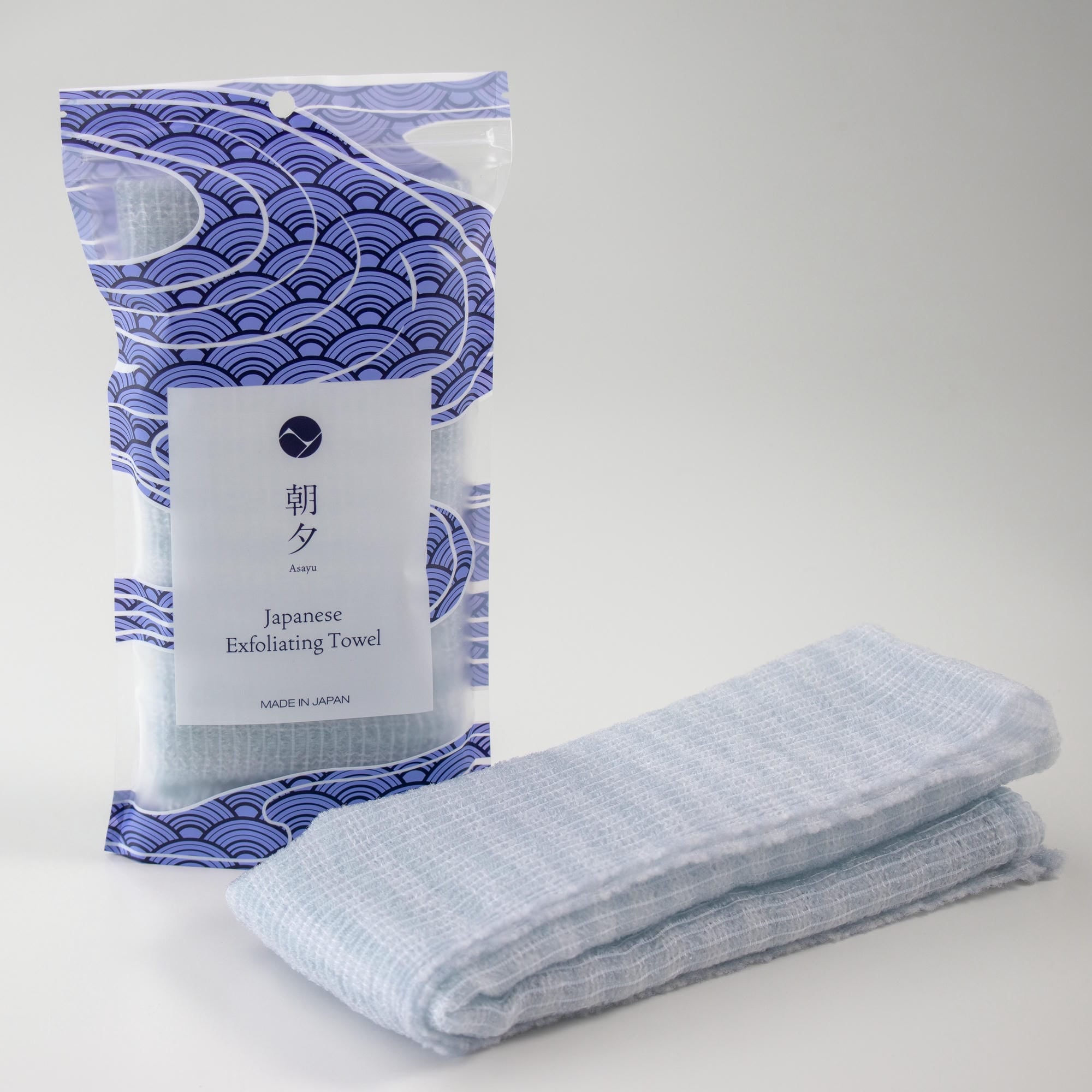 Exfoliating Soft Body Towel  Blue & White with packaging 