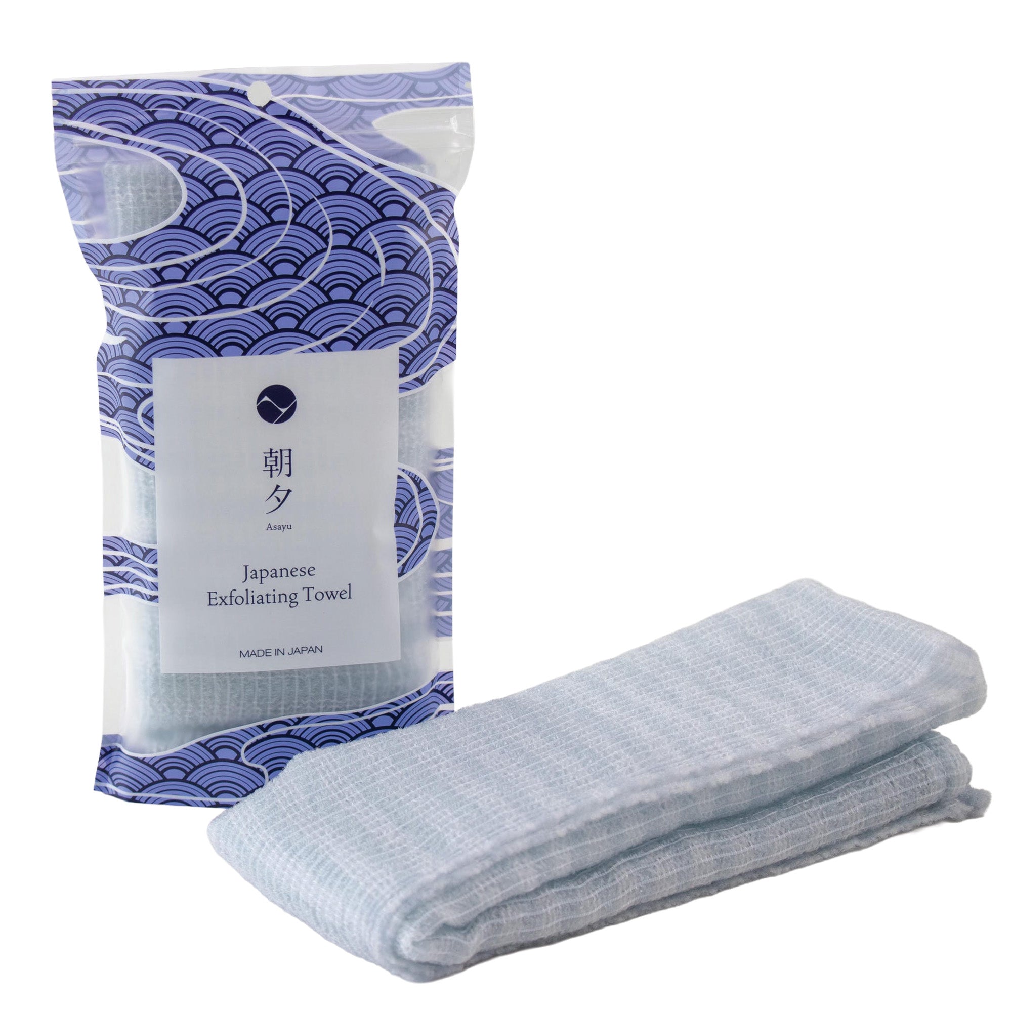 Exfoliating Soft Body Towel – Blue & White with packaging 