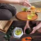 two images of someone serving green tea