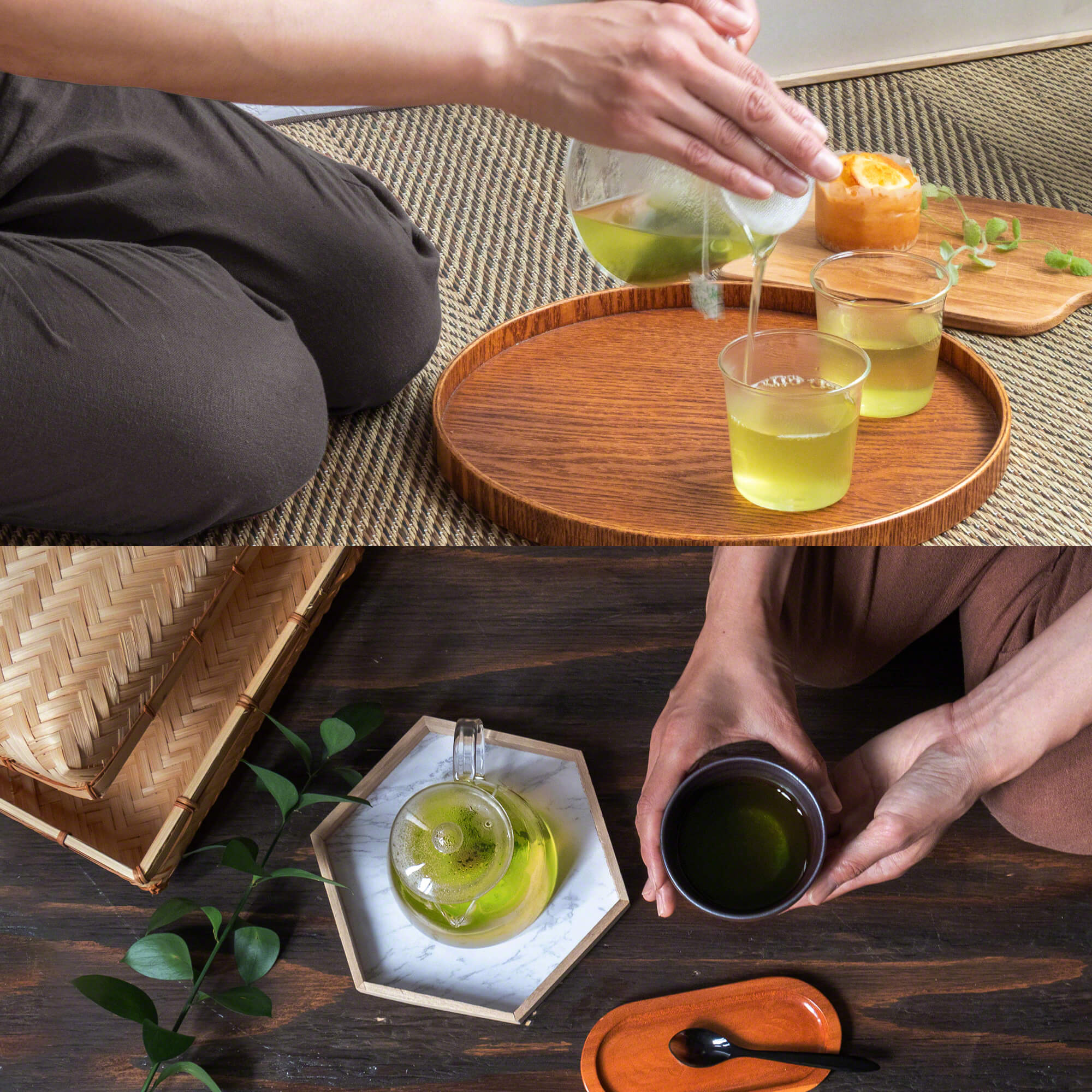 two images of someone serving green tea