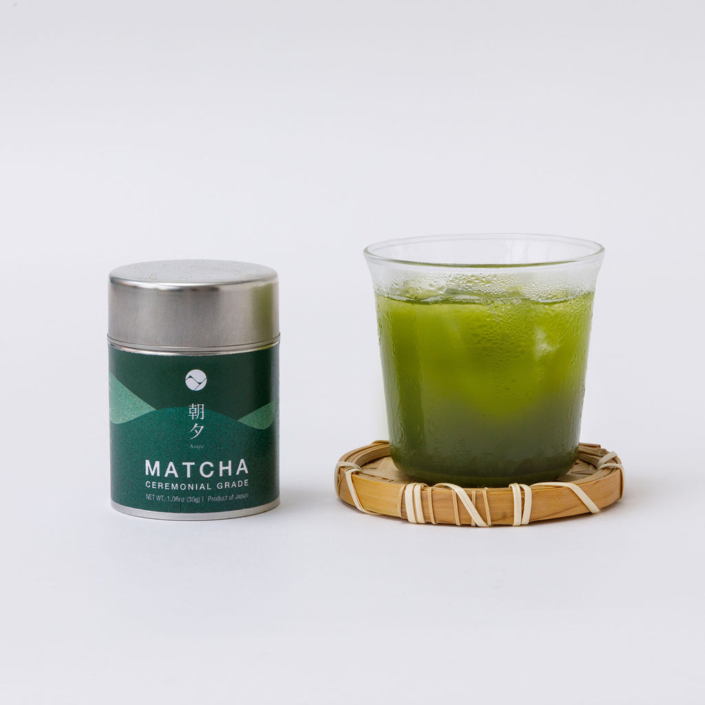 Asayu Matcha Ceremonial with a glass of matcha