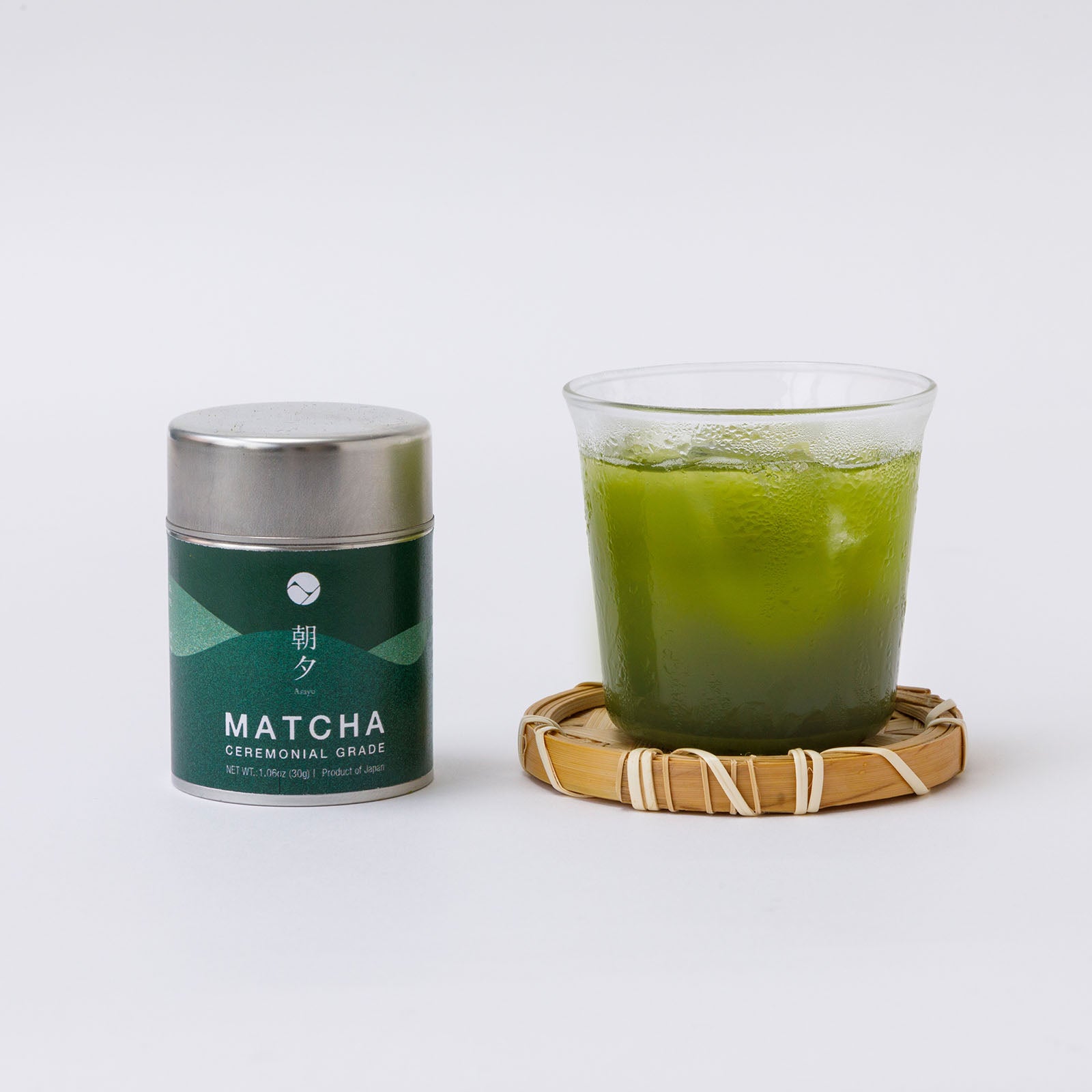 Asayu Matcha Ceremonial with a glass of matcha